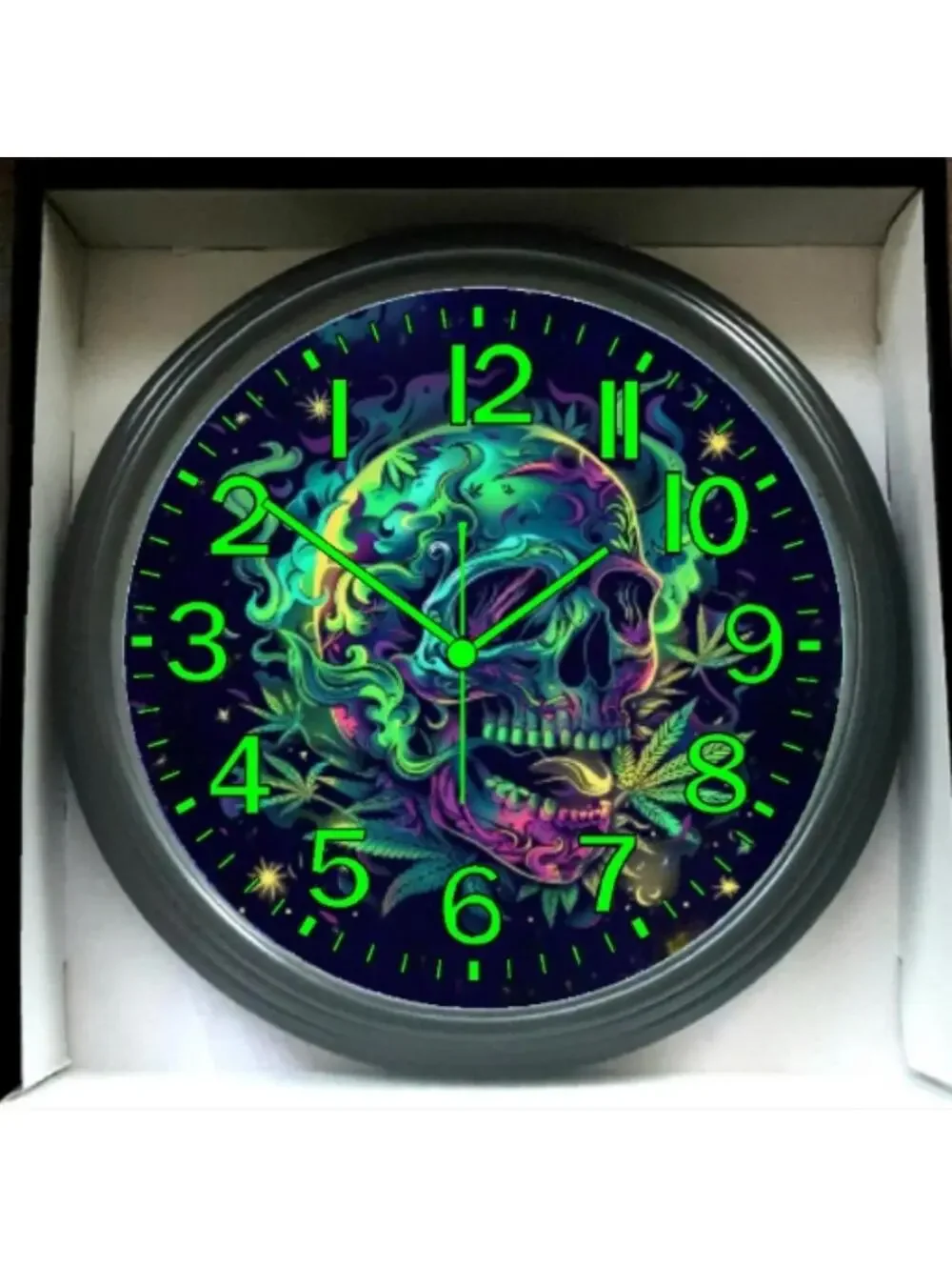 REVERSE TICKING CLOCK SKULL GOOD LEAF Black Light Glow In The Dark Wall Clock Ne